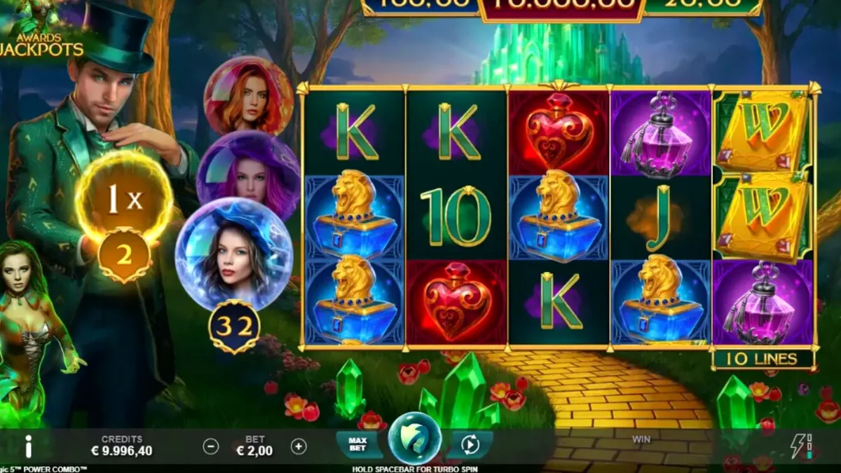 Cenário mágico e vibrante do slot Book of Oz Magic 5 Power Combo com elementos de fantasia.